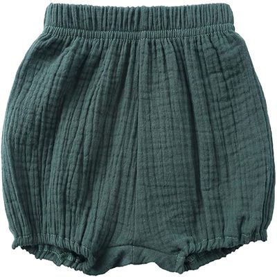 EISHOW Infant Baby Soft Ruffle Shorts Bloomers Toddler Boy Girl Solid Cotton Linen Blend Basic Bottom Cute Loose Harem Shorts (6-12 Months, D-Green)