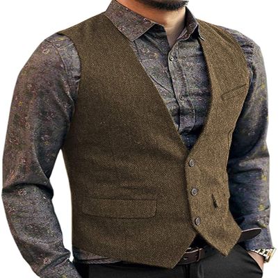Zeattall Men's Herringbone Tweed Wool Suit Vest Single Breasted Slim Fit Waistcoat Vest(Brown,XS)