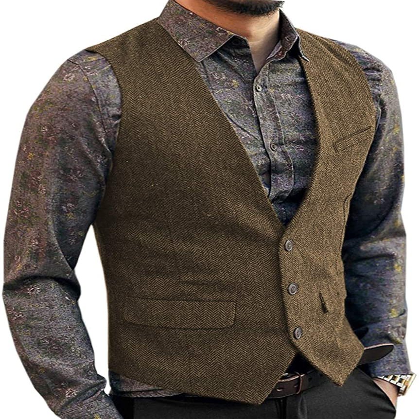 Zeattall Men's Herringbone Tweed Wool Suit Vest Single Breasted Slim Fit Waistcoat Vest(Brown,XS)