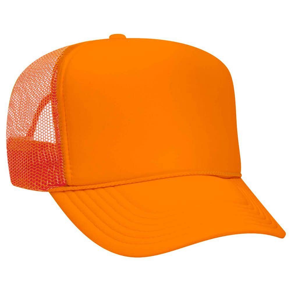 Ashen Fane Polyester Foam Front 5 Panel High Crown Mesh Back Trucker Hat, Neon Orange