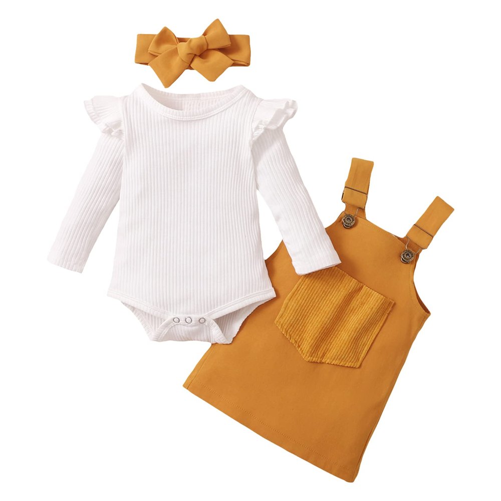 ACSUSS Toddler Baby Girl Spring Fall Clothes Knitting Romper Suspender Skirt and Headband Yellow 0-6 Months