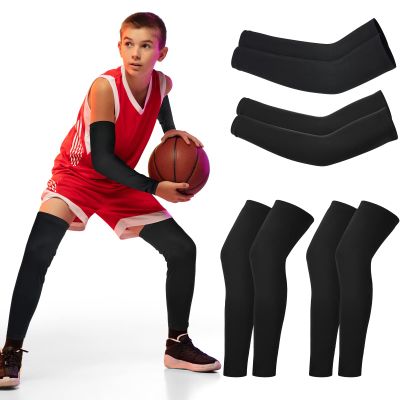 Geyoga 4 Pairs Kids Leg Sleeves Compression and Arm Sleeves Youth Leg and Arm Wraps for Cycling Basketball Sports(Medium,Black)