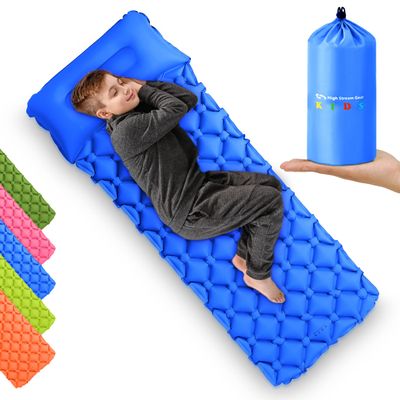Kids Sleeping Pad for Camping and Sleepovers with Pillow, Inflatable Camping Mattress for Backpacking & Travel, Thick Toddler Cot Mat, Fast Inflating Sleeping Pads for Kids (Blue)