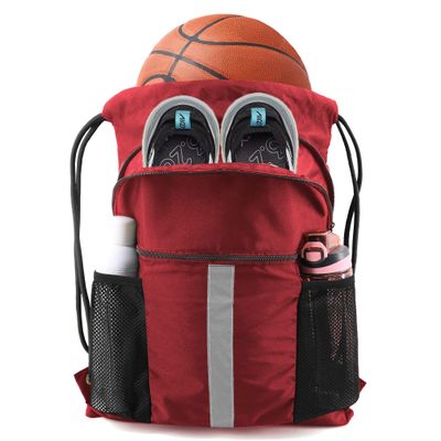 BeeGreen Red Drawstring Backpack Bag w Water Bottle Pockets Large String Workout Bag Sackpack w Zipper Pockets Shoe Compartment Swim Sports Cinch Bag for Gym Yoga
