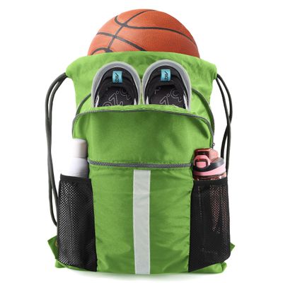BeeGreen Fruit Green Workout Bag Drawstring Backpack with Shoe Compartment Large String Bag Sackpack with Front & Inner Zipper Pockets and Water Bottle Pockets Sports Cinch