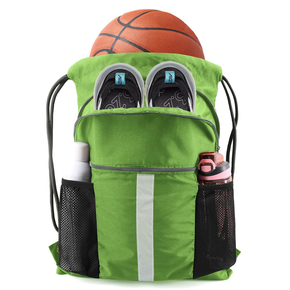 BeeGreen Fruit Green Workout Bag Drawstring Backpack with Shoe Compartment Large String Bag Sackpack with Front & Inner Zipper Pockets and Water Bottle Pockets Sports Cinch