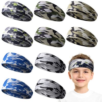 10 Pieces Boys Athletic Sweatbands - 16 inch Elastic Wicking Headbands, Hair Bands & Soft Head Wraps for Sports and Activities (Camouflage Style)
