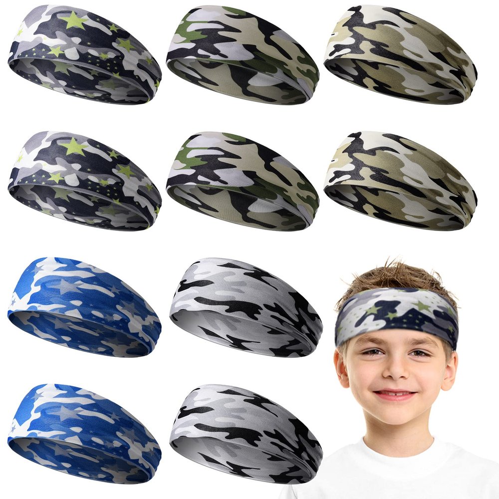 10 Pieces Boys Athletic Sweatbands - 16 inch Elastic Wicking Headbands, Hair Bands & Soft Head Wraps for Sports and Activities (Camouflage Style)