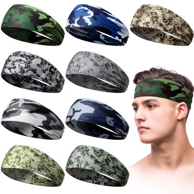 9 pcs Sweatbands for Men Workout Sport Headbands for Men Camo Headband Sweat Absorbing Headband Wide Sweatband for Head Basketball Football Cycling Running Yoga, 4.7 x 9.8 Inch(Mixed Style)
