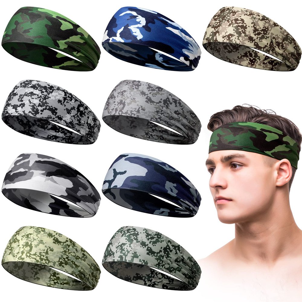 9 pcs Sweatbands for Men Workout Sport Headbands for Men Camo Headband Sweat Absorbing Headband Wide Sweatband for Head Basketball Football Cycling Running Yoga, 4.7 x 9.8 Inch(Mixed Style)