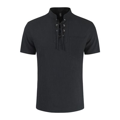 Men's Short Sleeve Henley Shirts Cotton Linen Lace Up T-Shirts with Pocket Regular Fit Band Collar Solid Beach Work Tops Black