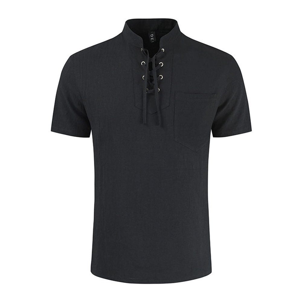 Men's Short Sleeve Henley Shirts Cotton Linen Lace Up T-Shirts with Pocket Regular Fit Band Collar Solid Beach Work Tops Black