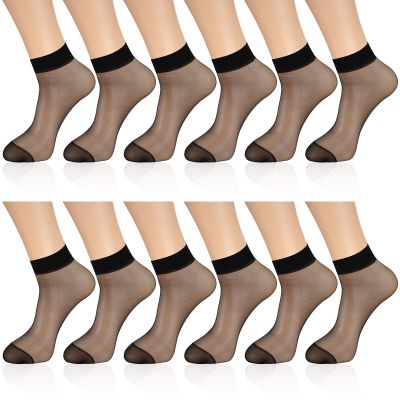 Geyoga 12 Pairs Sheer Ankle Socks Thin Nylon Transparent Ankle High Hosiery Socks Short Dress Stockings for Women(Large,Black)