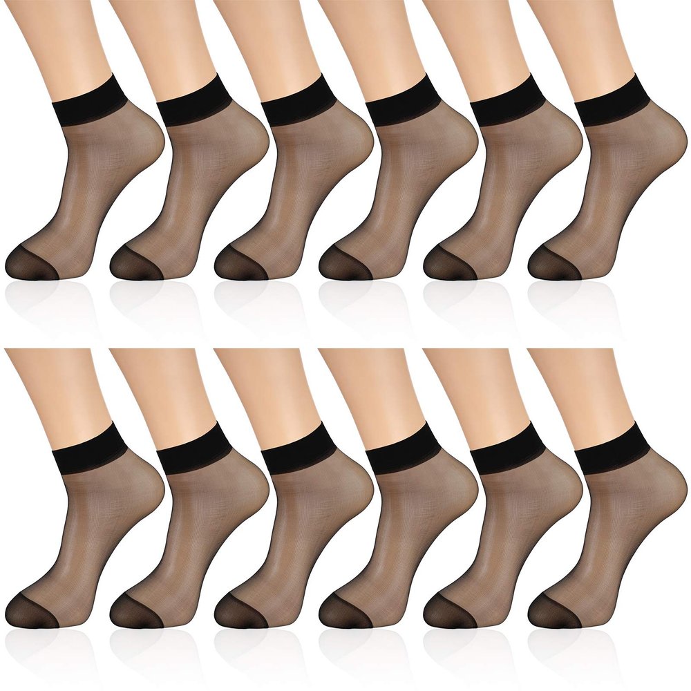 Geyoga 12 Pairs Sheer Ankle Socks Thin Nylon Transparent Ankle High Hosiery Socks Short Dress Stockings for Women(Large,Black)
