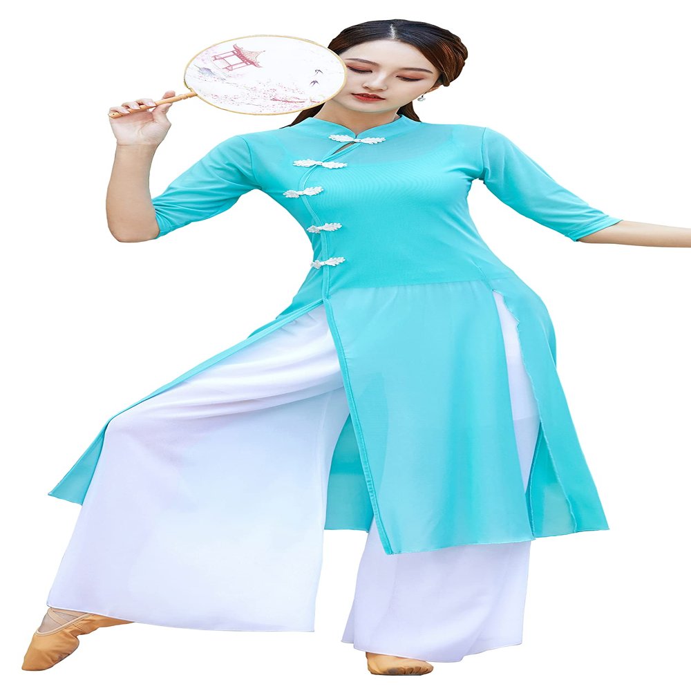 Angcoco Women's Traditional Cheongsam Style Half Sleeved Dress+Inner Camisole Set Green