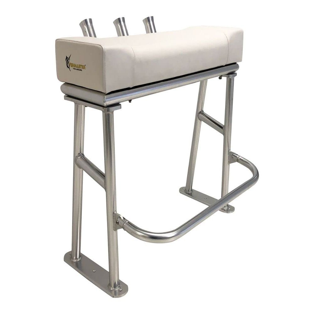 Fishmaster Original Leaning Post for Center Console Fishing Boats  Three Rocket Launcher Rod Holders, Rectractable Footrest, Flow Through Foam  White Upholstery/Polished Anodized