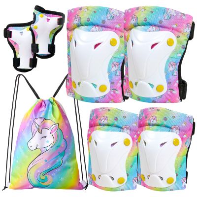 FIODAY Knee Pads for Kids Toddler Knee Pads and Elbow Pads Wrist Guards with Drawstring Bag Adjustable Protective Gear Set for Girls Boys Skating Cycling Skateboard Scooter,9-15 Years,Rainbow