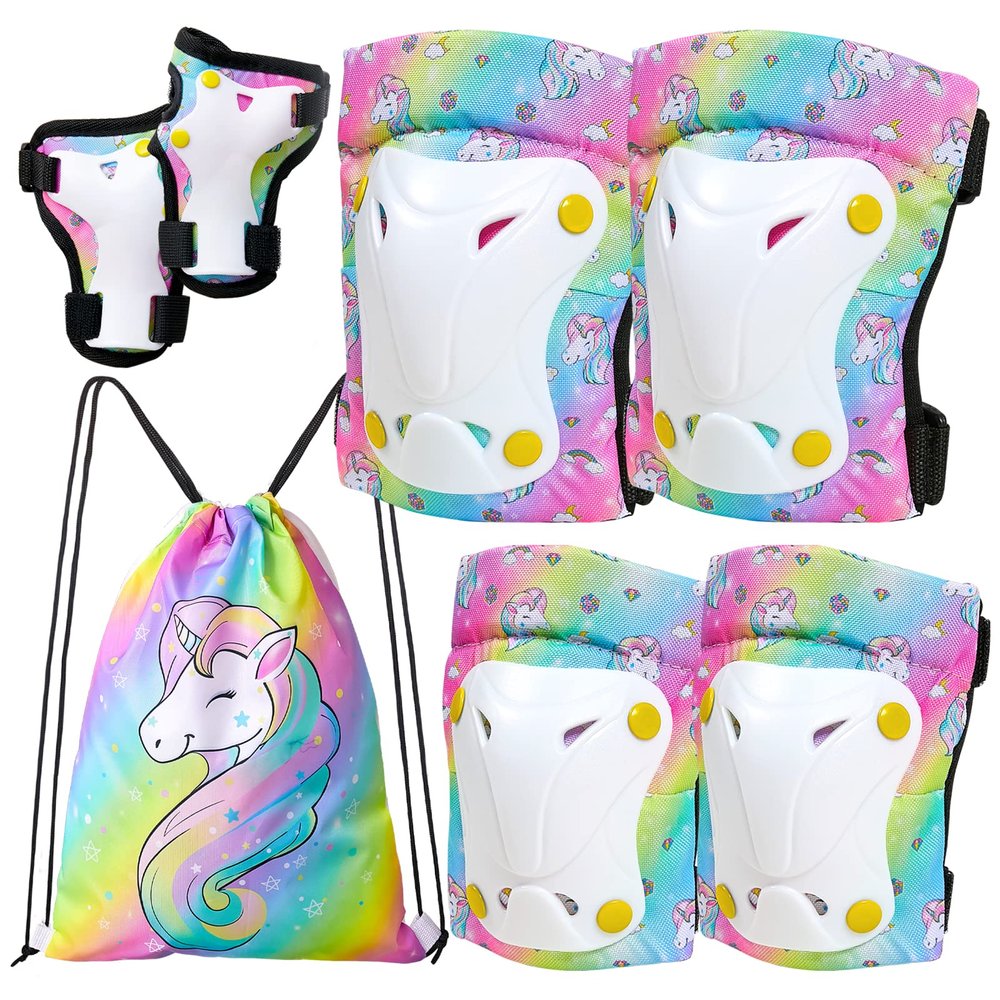 FIODAY Knee Pads for Kids Toddler Knee Pads and Elbow Pads Wrist Guards with Drawstring Bag Adjustable Protective Gear Set for Girls Boys Skating Cycling Skateboard Scooter,9-15 Years,Rainbow