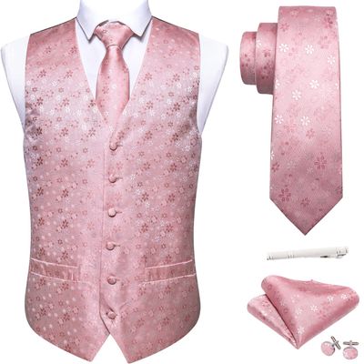 Barry.Wang Light Pink Flower Formal Men Vest Paisley Jacquard Silk Tie Suit Waistcoat Set Wedding 5PCS