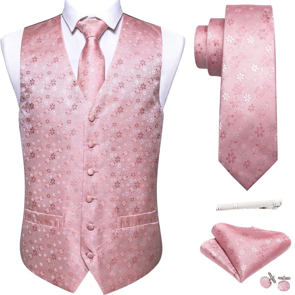 Barry.Wang Light Pink Flower Formal Men Vest Paisley Jacquard Silk Tie Suit Waistcoat Set Wedding 5PCS
