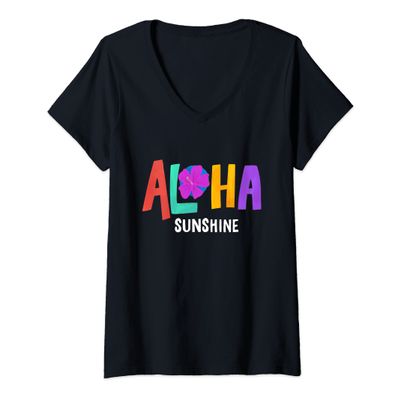 Womens Fun Aloha Sunshine graphic tee, Hawaii theme tee vacation V-Neck T-Shirt