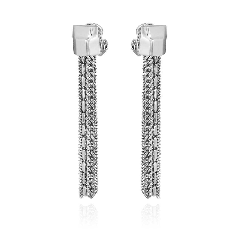 Vince Camuto Silver Tone Mixed Chain Tassel Clip On Earrings For Women