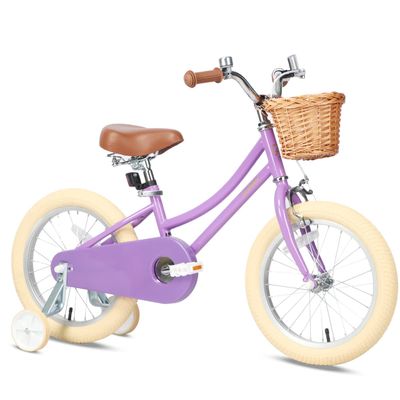 Petimini 16 Inch Little Kids Bike for Age 4 5 6 7 Years Old Girls Retro Vintage Style Bicycles with Basket Training Wheels and Bell, Purple