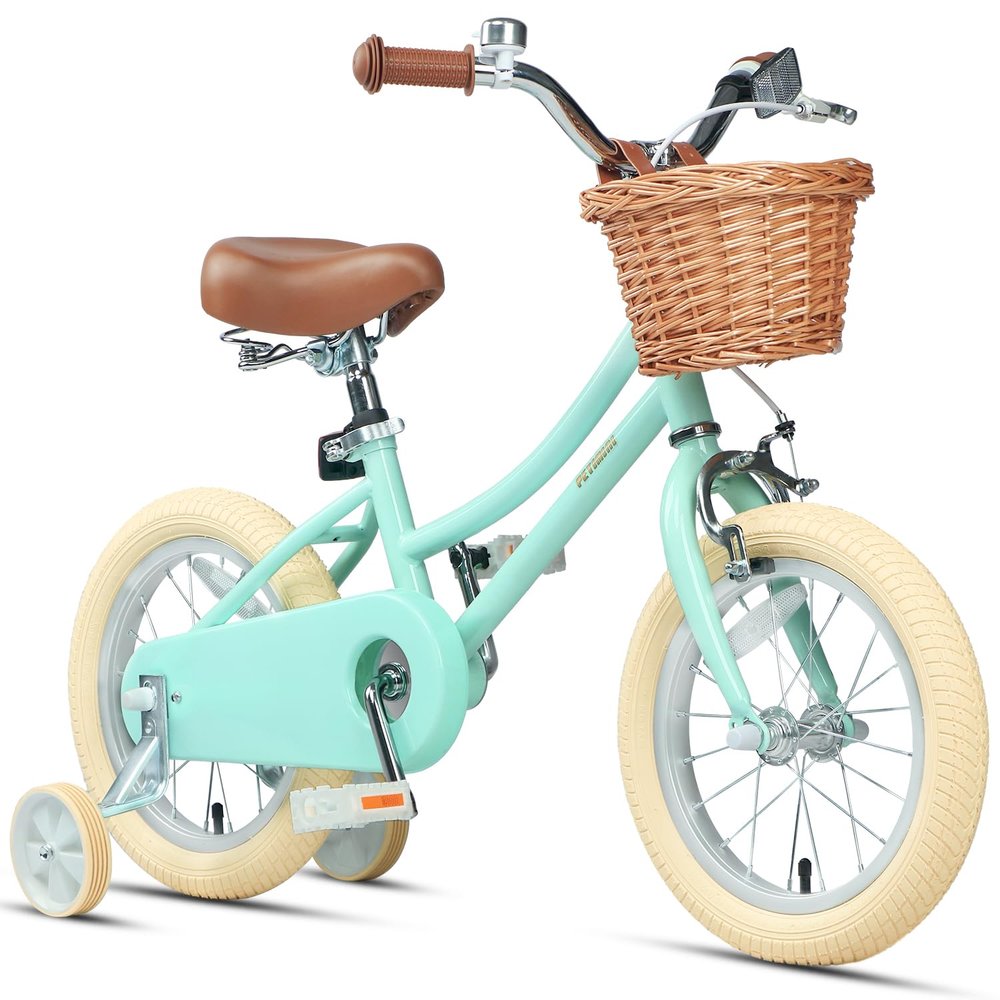 Petimini 14 Inch Little Kids Bike for Age 3 4 5 Years Old Girls Retro Vintage Style Bicycles with Basket Training Wheels and Bell, Mint Green