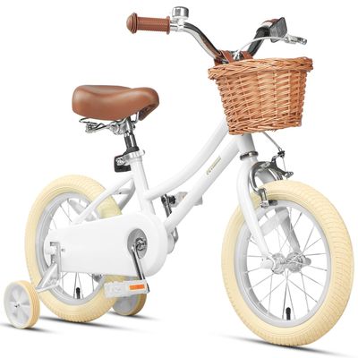 Petimini 14 Inch Little Kids Bike for Age 3 4 5 Years Old Girls Retro Vintage Style Bicycles with Basket Training Wheels and Bell, White