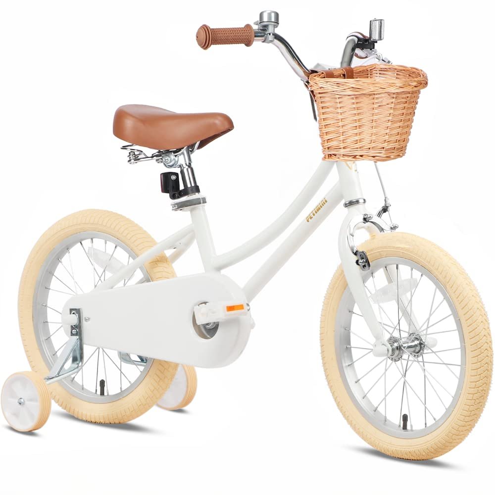 Petimini 18 Inch Little Kids Bike for Age 5 6 7 8 Years Old Girls Retro Vintage Style Bicycles with Basket Training Wheels and Bell, White