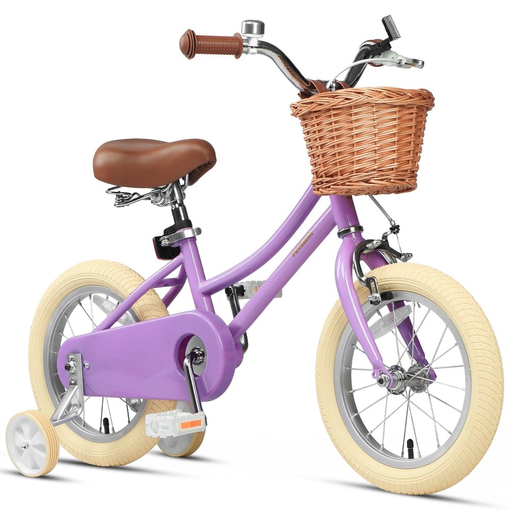 Petimini 14 Inch Little Kids Bike for Age 3 4 5 Years Old Girls Retro Vintage Style Bicycles with Basket Training Wheels and Bell, Purple