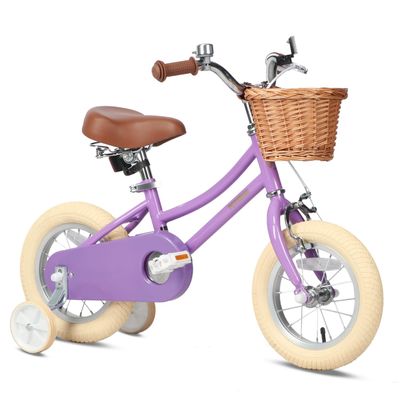 Petimini 12 Inch Kids Bike for Age 2 3 4 Years Old Little Girls Toddlers Retro Vintage Style Bicycles with Basket Training Wheels and Bell, Purple
