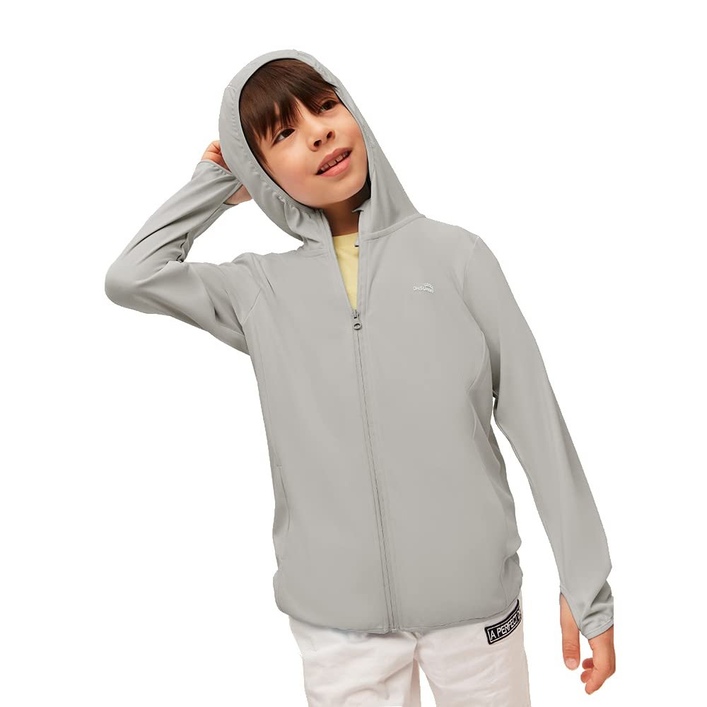 Kid's UPF 50+ Sun Protection Jacket Hooded Shirt with Pockets for 9-11 Years Boys and Girls Running Hiking Gray 140cm