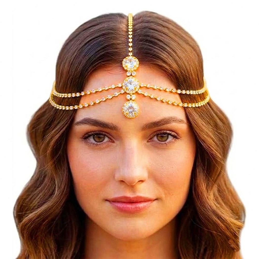 Brishow Rhinestone Gold Head Chain Jewelry for Women Bridal Forehead Headpiece for Wedding
