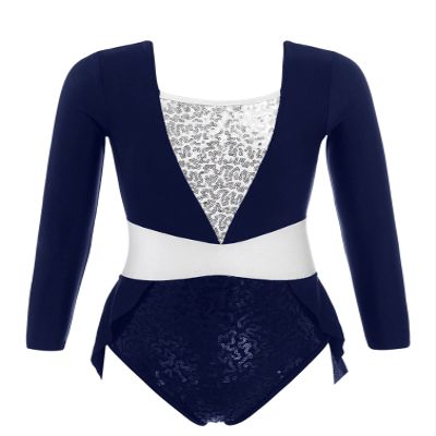 Agoky Kids Girls Long Sleeve Sequin Ballet Dance Leotard Hollow Back Athletic Gymnastic Workout Unitard Jumpsuit Navy Blue 8 Years