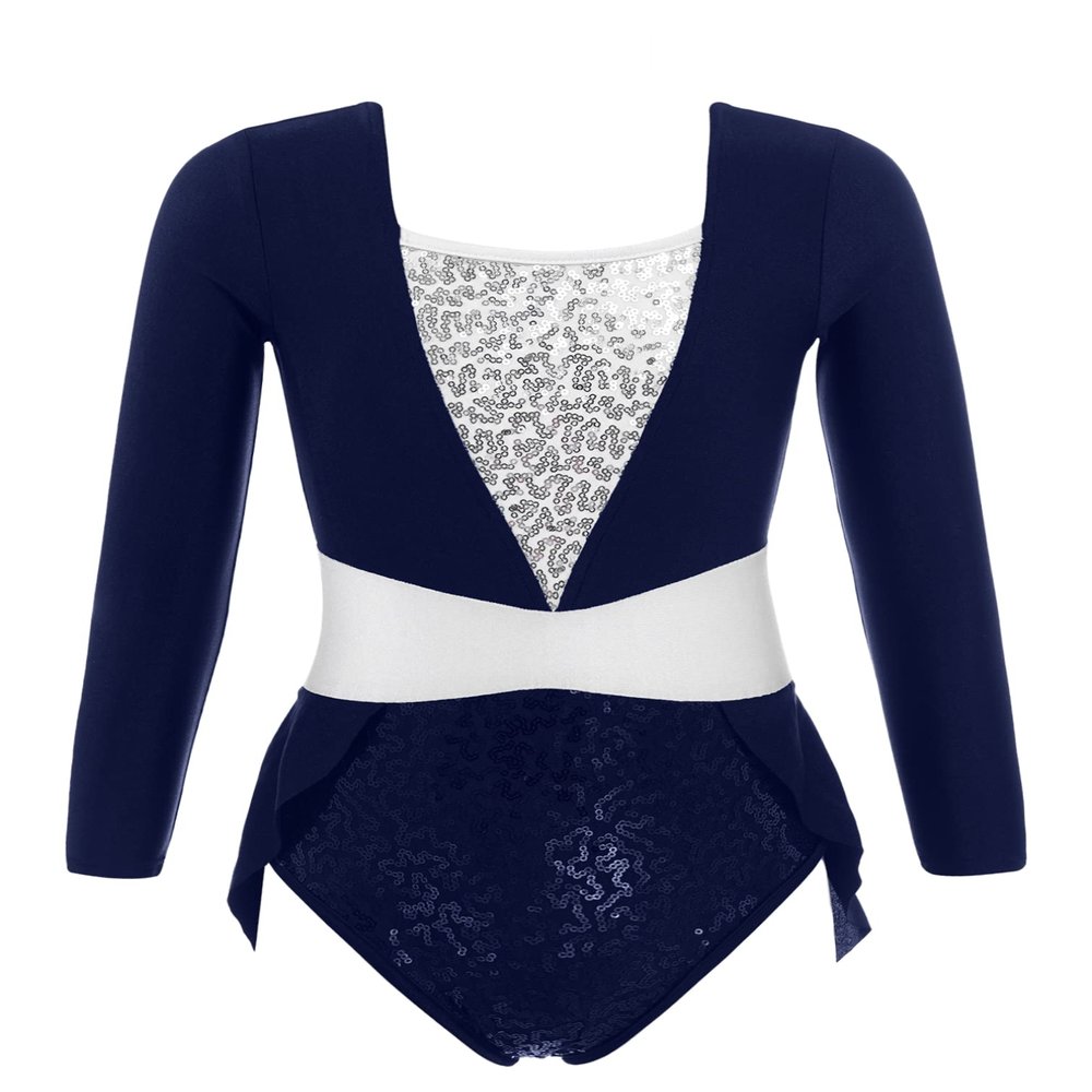 Agoky Kids Girls Long Sleeve Sequin Ballet Dance Leotard Hollow Back Athletic Gymnastic Workout Unitard Jumpsuit Navy Blue 8 Years