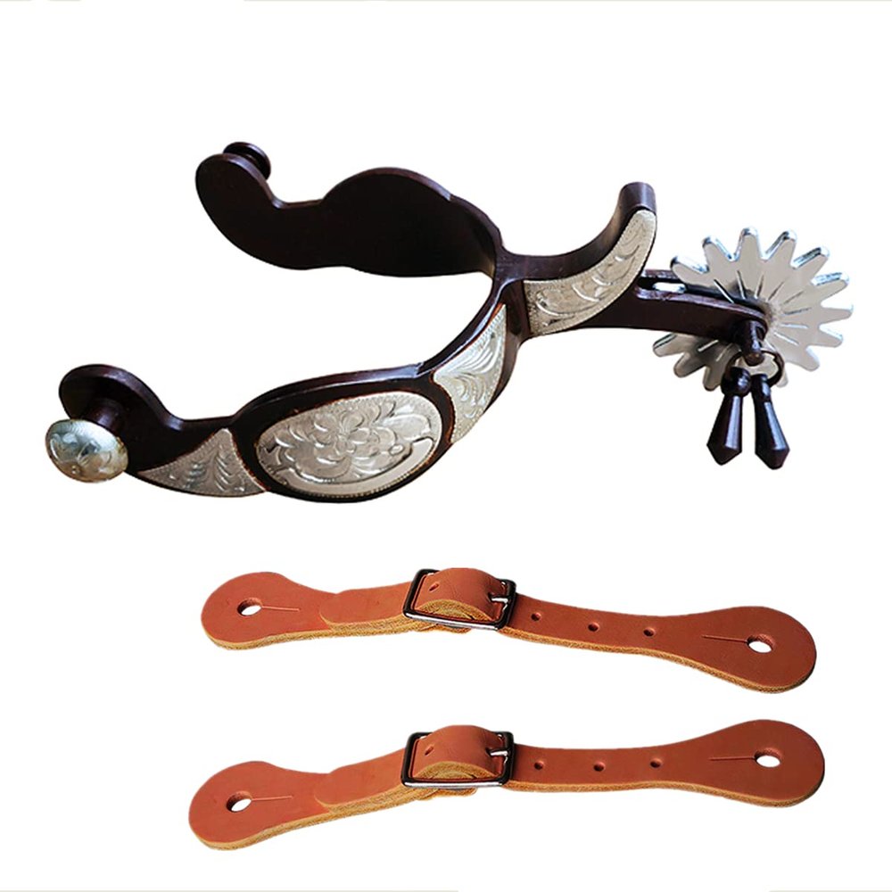 UNISTRENGH a Pair Classical Western Bronze Spurs, Decorative Board Inlaid with German Silver (Silver with The Brown Spurs Bind)