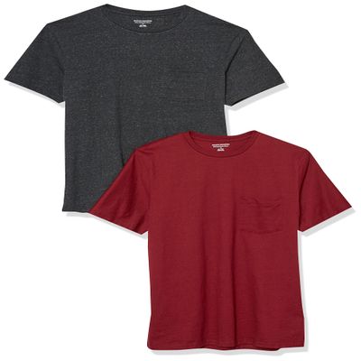 Amazon Essentials Men's T-Shirts, Short-Sleeve Crewneck Pocket, Cotton, 2-Pack, Small, Charcoal Heather/Burgundy