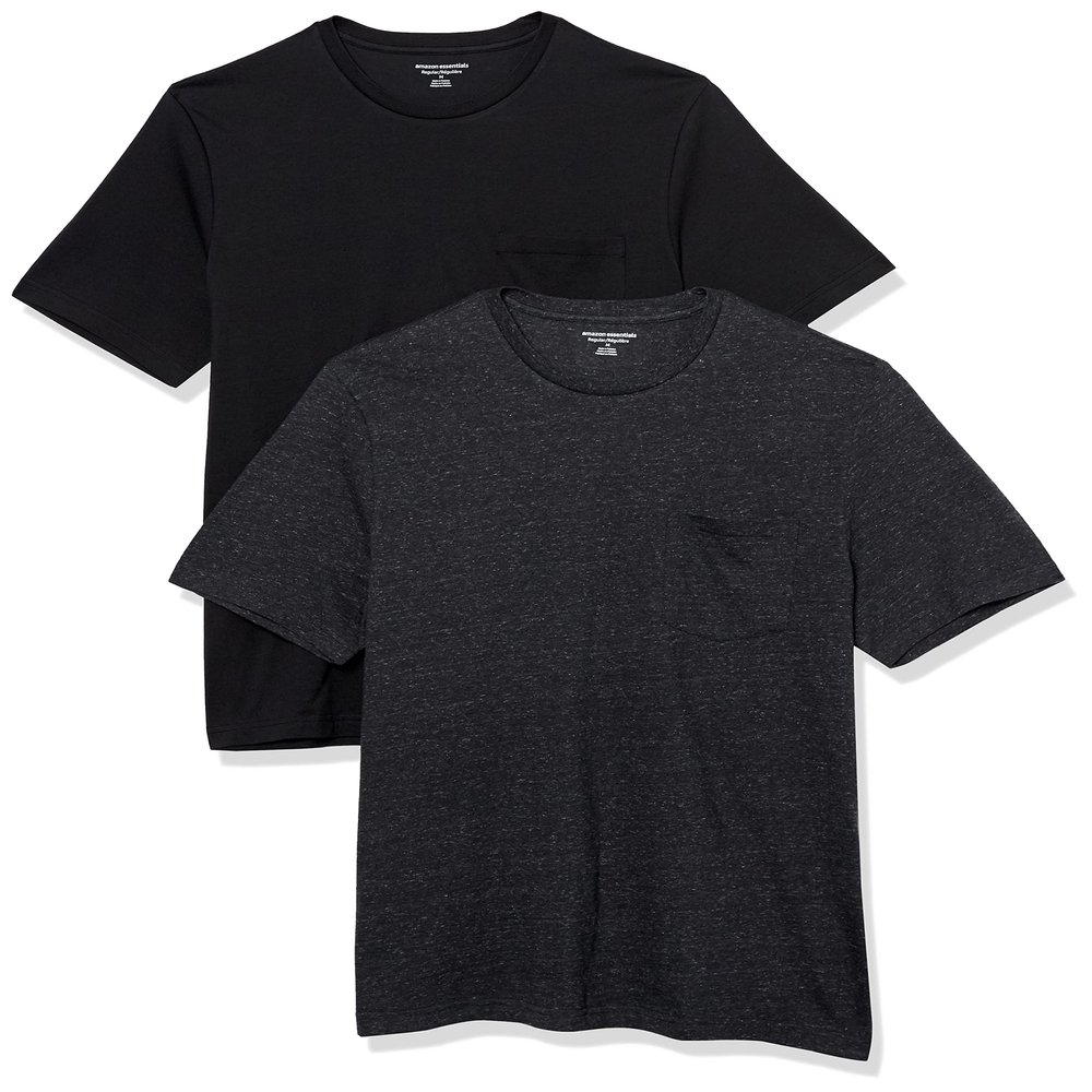 Amazon Essentials Mens T-Shirts, Regular-Fit, Short-Sleeve Crewneck Pocket, Pack of 2, Black/Charcoal Heather, X-Small