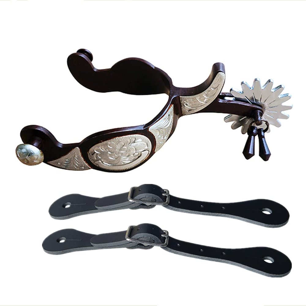 UNISTRENGH a Pair Classical Western Bronze Spurs, Decorative Board Inlaid with German Silver (Silver with The Black Spurs Bind)