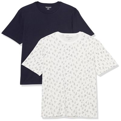 Amazon Essentials Men's Cotton Regular-Fit Short-Sleeve Crewneck T-Shirt, Pack of 2, Navy/White Boat Print, Large