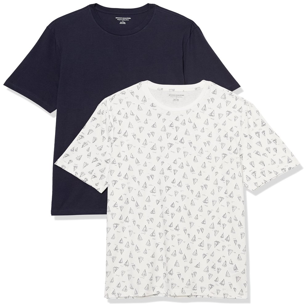 Amazon Essentials Men's Cotton Regular-Fit Short-Sleeve Crewneck T-Shirt, Pack of 2, Navy/White Boat Print, Large