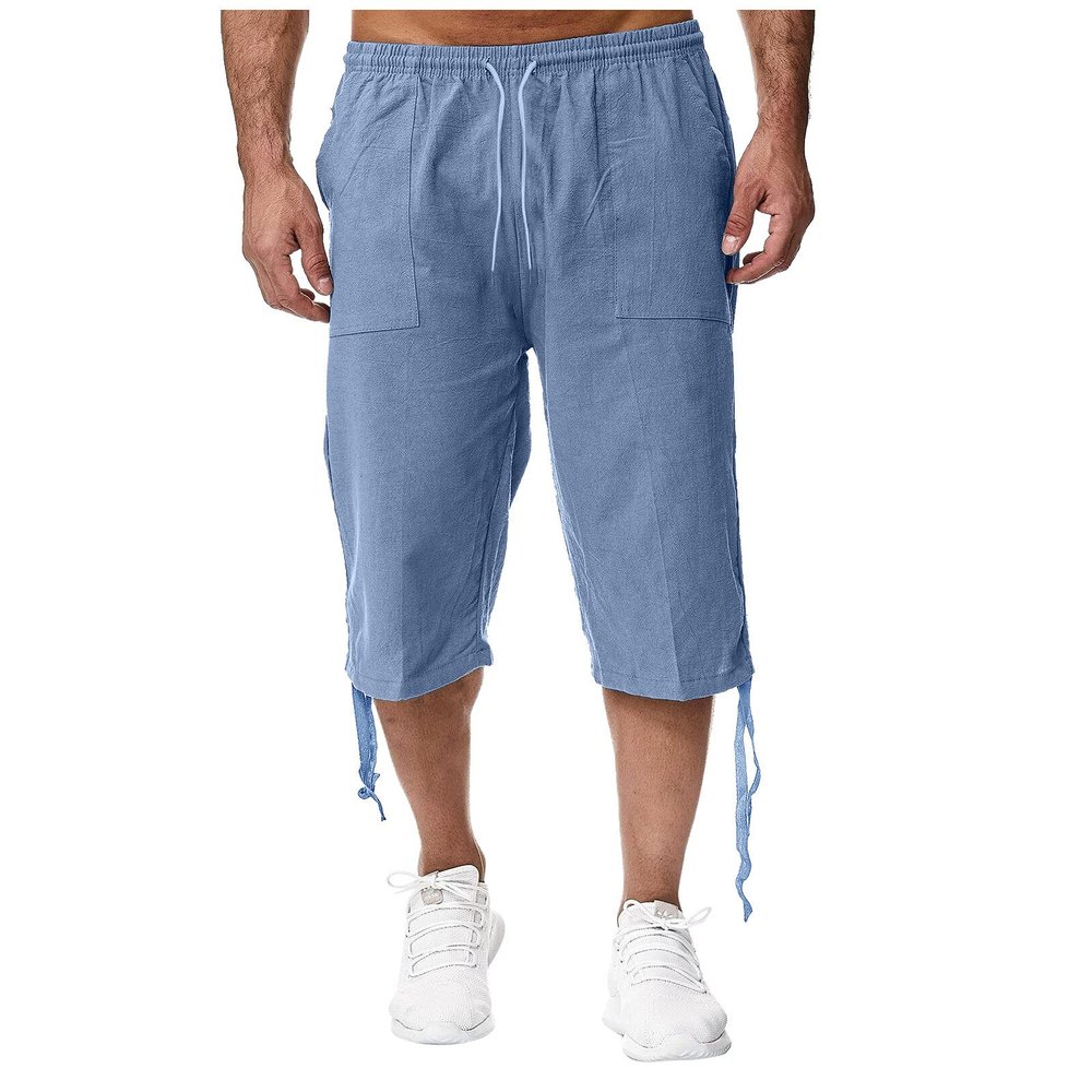Maryia Men's Cotton Linen Lightweight Summer Beach Cropped Trousers Elastic Waist Casual Yoga Harem Capri Pants Joggers