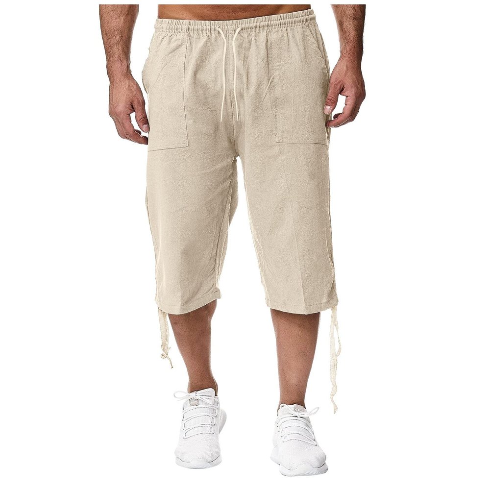Maryia Men's Cotton Linen Lightweight Summer Beach Cropped Trousers Elastic Waist Casual Yoga Harem Capri Pants Joggers