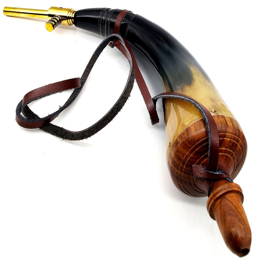 5MOONSUN5's Hand Carved Powder Horn with Leather Strap for Civil War Re Enactment Colonial Black Powder Civil War Repro Revolutionary Mountain Man size 15 inch