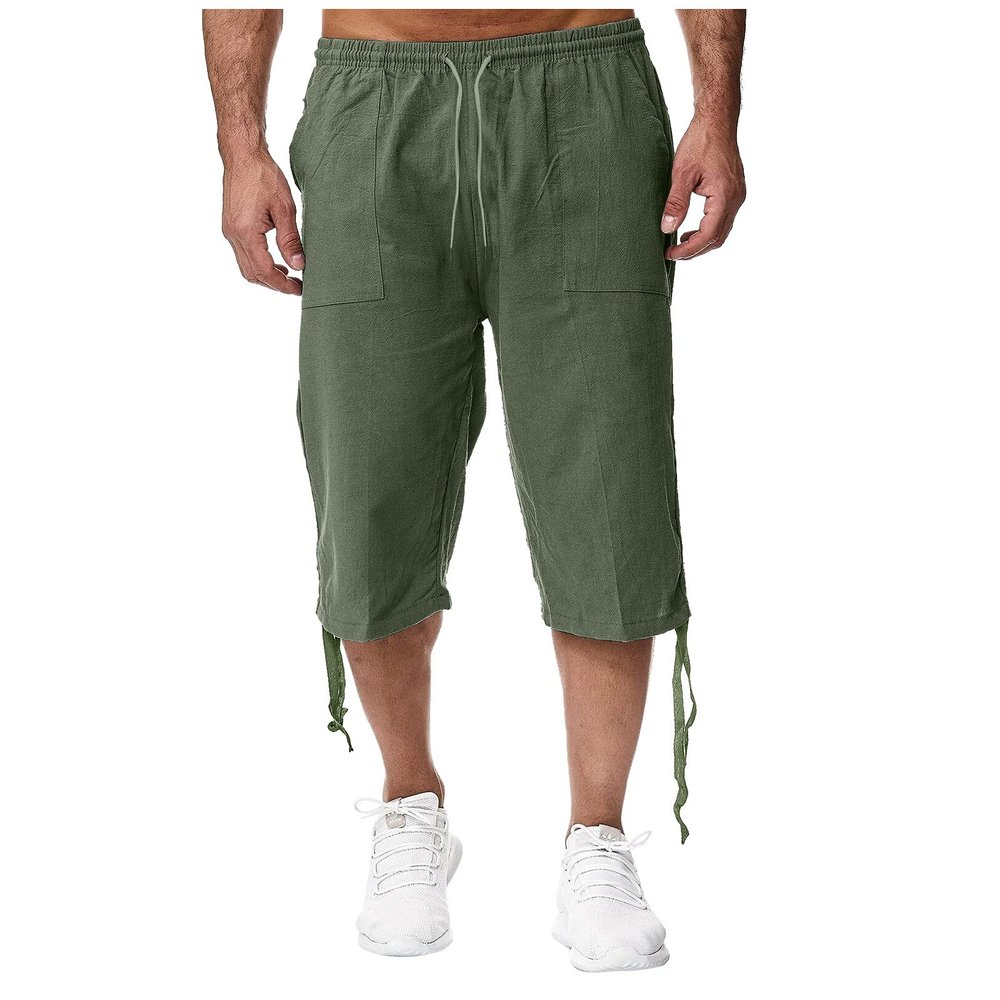 Maryia Men's Cotton Linen Lightweight Summer Beach Cropped Trousers Elastic Waist Casual Yoga Harem Capri Pants Joggers
