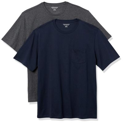 Amazon Essentials Men's T-Shirts, Short-Sleeve Crewneck Pocket, Cotton, 2-Pack, X-Small, Navy/Charcoal Heather