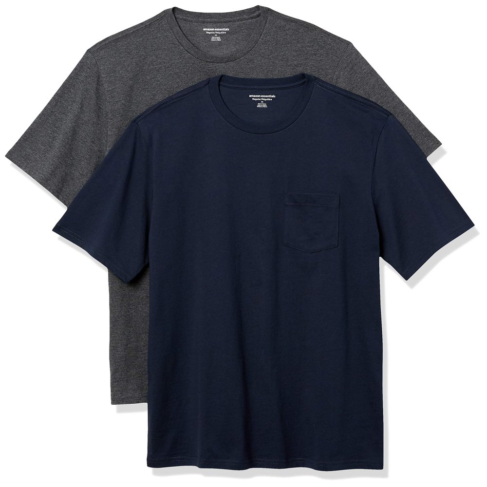 Amazon Essentials Men's T-Shirts, Short-Sleeve Crewneck Pocket, Cotton, 2-Pack, X-Small, Navy/Charcoal Heather