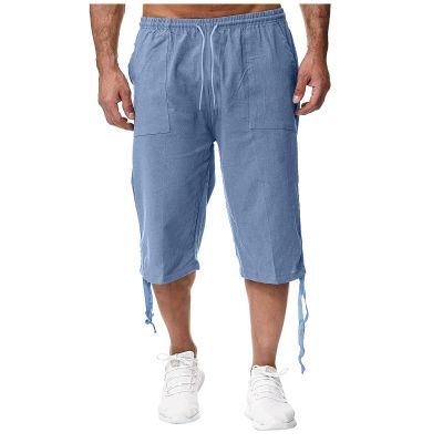 Maryia Men's Cotton Linen Lightweight Summer Beach Cropped Trousers Elastic Waist Casual Yoga Harem Capri Pants Joggers
