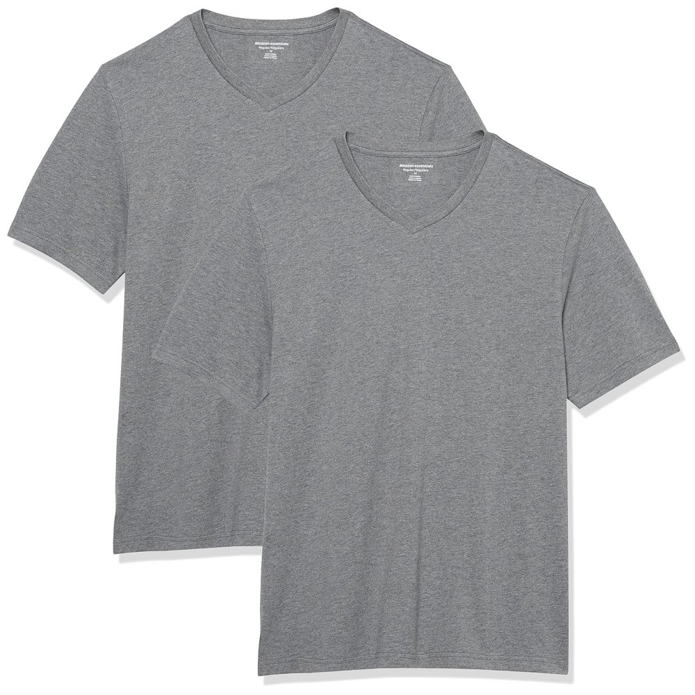 Amazon Essentials Men's Short-Sleeve V-Neck T-Shirts, Pack of 2, Grey Heather, Large